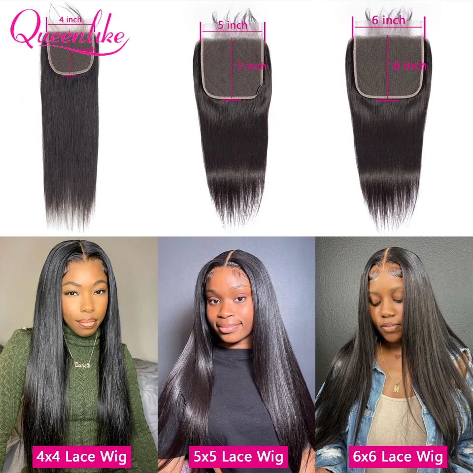 6X6 5x5 4X4 Lace Closure With 30 40 Inch  Bundles With 13x4 Frontal Straight Brazilian