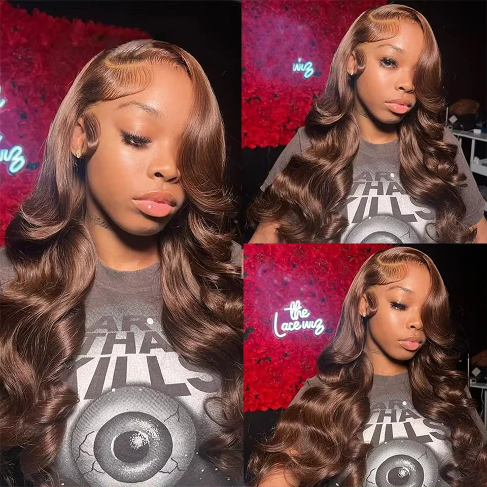 Chocolate #4 Brown Colored Body Wave Brazilian Bundles With HD Lace Closure Frontal