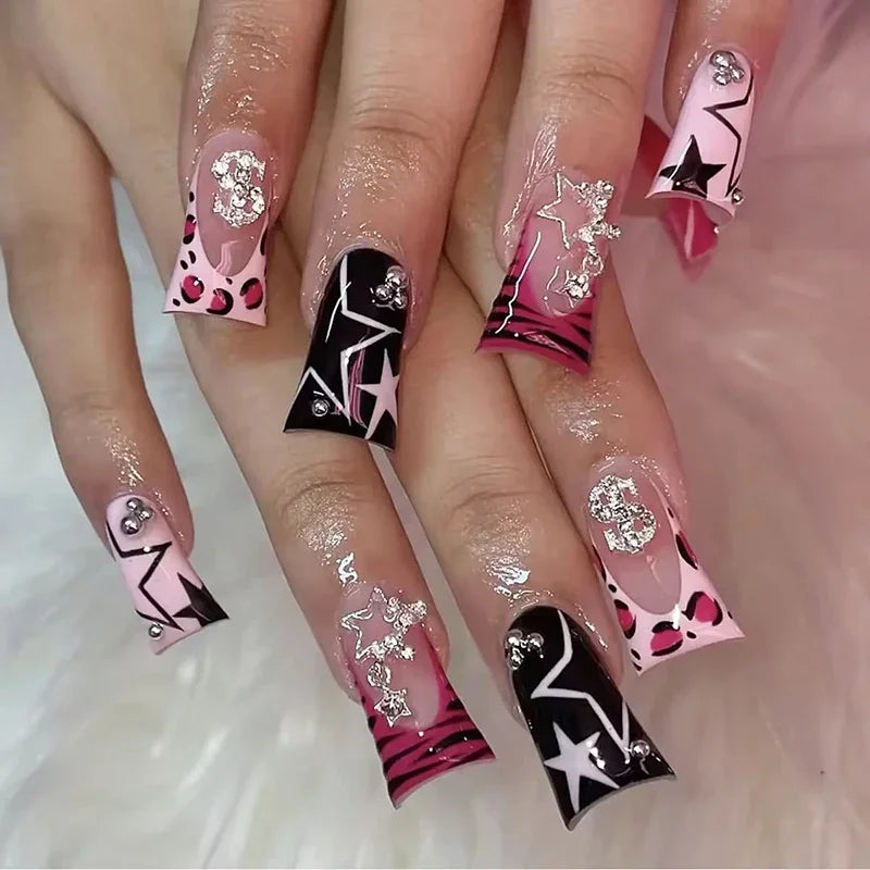 24Pcs Y2K White French Flower Press-On Nails – Diamond Inlaid Duckbill Tips