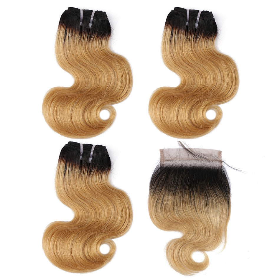 Real Beauty Ombre Brazilian Body Wave Bundles With Closure Colorful Two Tone Human Hair