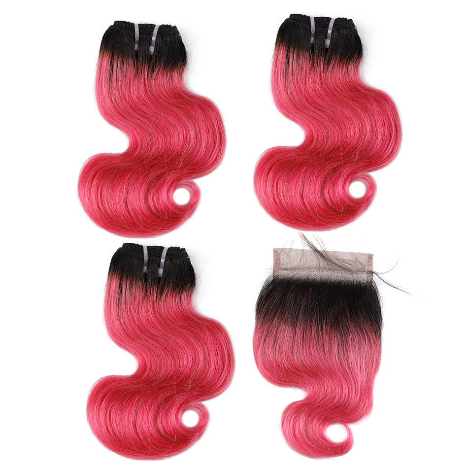 Real Beauty Ombre Brazilian Body Wave Bundles With Closure Colorful Two Tone Human Hair