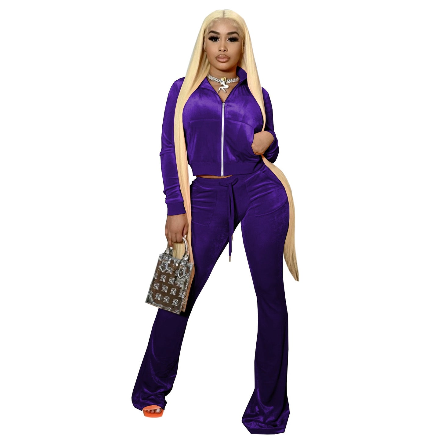 "Love on ICE" Solid Velvet Two Piece Set Top and  Pants Tracksuit Sweatsuit Outfits