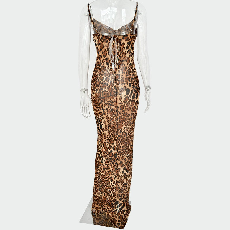 "Mo Money"  Leopard Print V-Neck Sexy Bodycon Long Dress