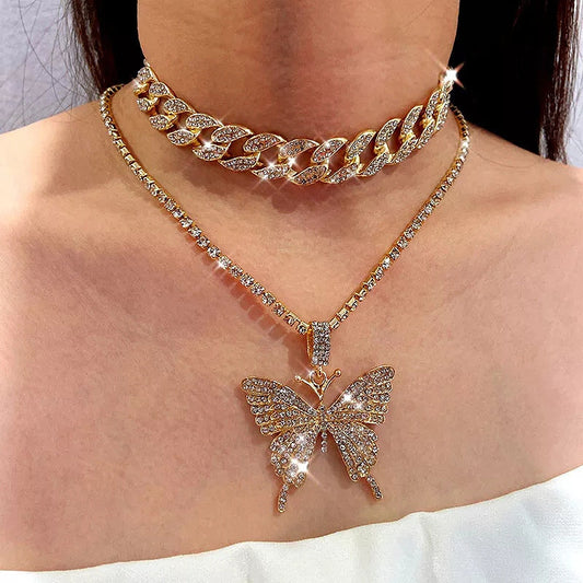 Cuban Double Layer Big Butterfly  Necklace